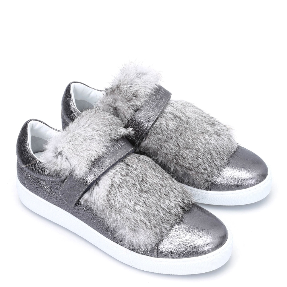 AUTHENTIC Moncler Silver Lucie Trainer with Rabbit Fur